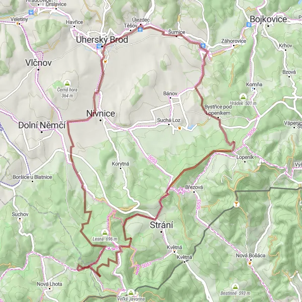Miniaturní mapa "Okruh přes Nezdenice a Lesnou" inspirace pro cyklisty v oblasti Střední Morava, Czech Republic. Vytvořeno pomocí plánovače tras Tarmacs.app