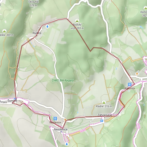 Miniaturní mapa "Krátce a intenzivně: gravelový okruh kolem Rudického vrchu" inspirace pro cyklisty v oblasti Střední Morava, Czech Republic. Vytvořeno pomocí plánovače tras Tarmacs.app