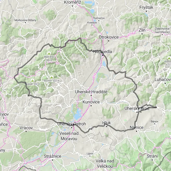 Miniaturní mapa "Po stopách Topolné a Těšova" inspirace pro cyklisty v oblasti Střední Morava, Czech Republic. Vytvořeno pomocí plánovače tras Tarmacs.app