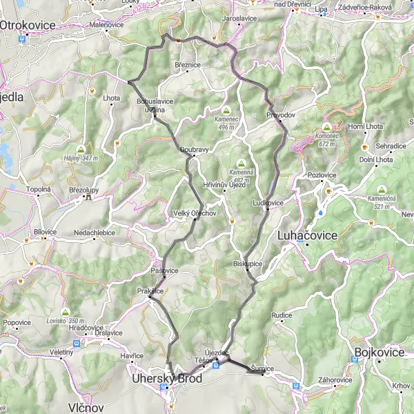 Miniaturní mapa "Okruh přes Prakšice a Bohuslavice u Zlína" inspirace pro cyklisty v oblasti Střední Morava, Czech Republic. Vytvořeno pomocí plánovače tras Tarmacs.app