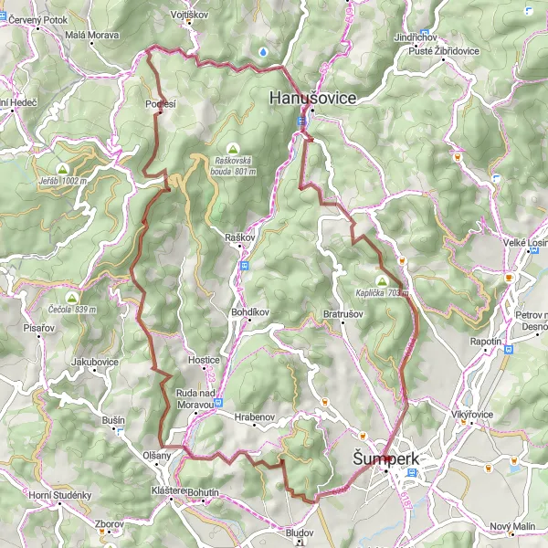 Miniaturní mapa "Okruh kolem Šumperka" inspirace pro cyklisty v oblasti Střední Morava, Czech Republic. Vytvořeno pomocí plánovače tras Tarmacs.app