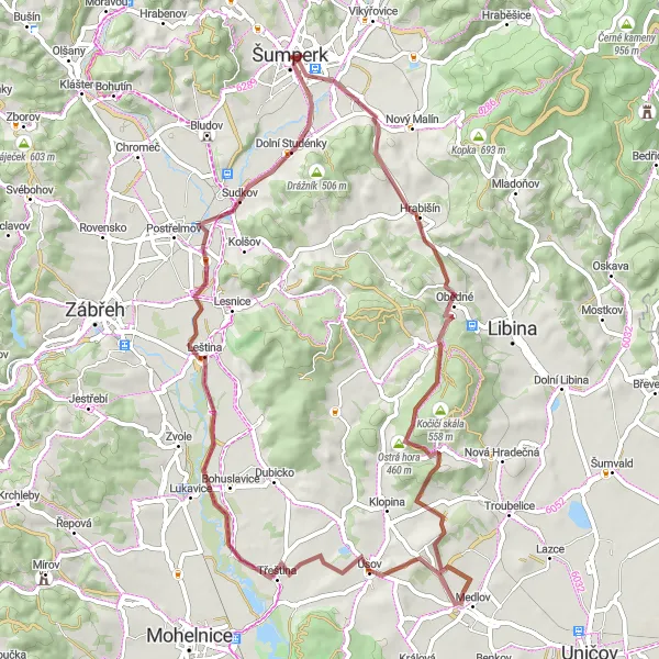 Miniaturní mapa "Prozkoumání okolí Šumperka" inspirace pro cyklisty v oblasti Střední Morava, Czech Republic. Vytvořeno pomocí plánovače tras Tarmacs.app