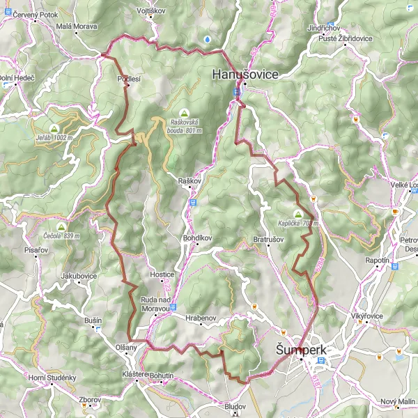 Map miniature of "The Chocholík Loop" cycling inspiration in Střední Morava, Czech Republic. Generated by Tarmacs.app cycling route planner