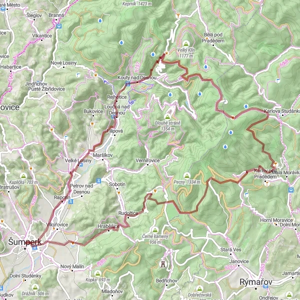 Miniaturní mapa "Pradědská cesta" inspirace pro cyklisty v oblasti Střední Morava, Czech Republic. Vytvořeno pomocí plánovače tras Tarmacs.app