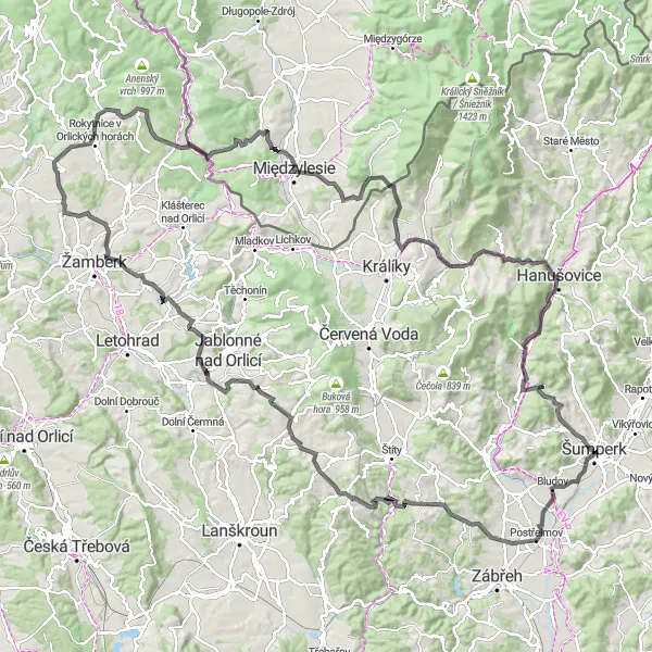 Mapa miniatúra "Cestný okolo Šumperka" cyklistická inšpirácia v Střední Morava, Czech Republic. Vygenerované cyklistickým plánovačom trás Tarmacs.app