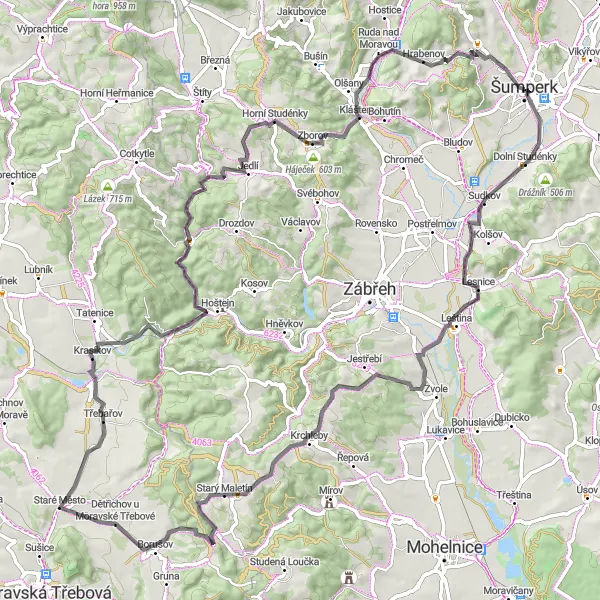 Karten-Miniaturansicht der Radinspiration "Panorama-Radtour von Radniční věž nach Šumperk" in Střední Morava, Czech Republic. Erstellt vom Tarmacs.app-Routenplaner für Radtouren