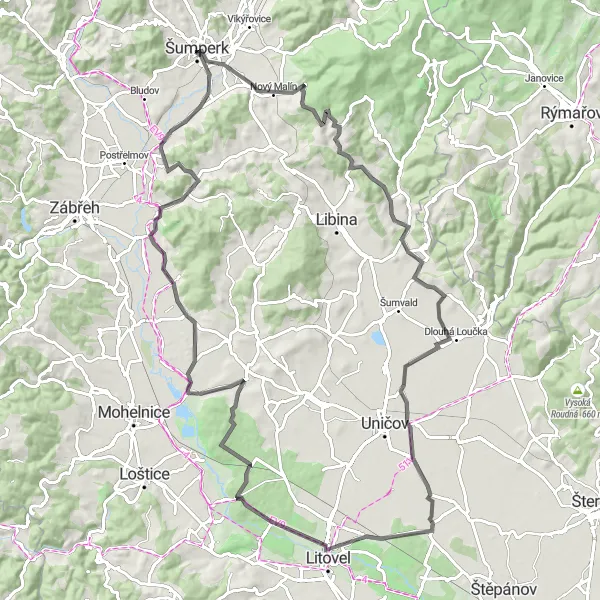 Miniaturní mapa "Zajímavá cyklotrasa Šumperk - Dolní Studénky" inspirace pro cyklisty v oblasti Střední Morava, Czech Republic. Vytvořeno pomocí plánovače tras Tarmacs.app