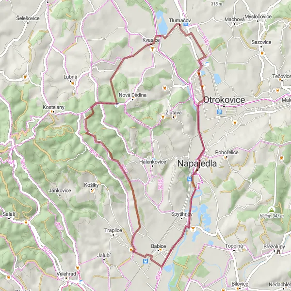 Mapa miniatúra "Gravel Loop to Napajedla" cyklistická inšpirácia v Střední Morava, Czech Republic. Vygenerované cyklistickým plánovačom trás Tarmacs.app