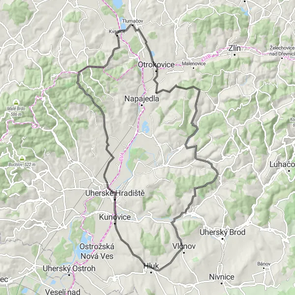 Miniaturní mapa "Okruh kolem Tlumačova" inspirace pro cyklisty v oblasti Střední Morava, Czech Republic. Vytvořeno pomocí plánovače tras Tarmacs.app