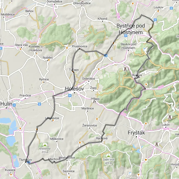 Map miniature of "Hostýn and Hrádek Road Adventure" cycling inspiration in Střední Morava, Czech Republic. Generated by Tarmacs.app cycling route planner