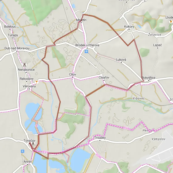 Map miniature of "Gravel Escapade" cycling inspiration in Střední Morava, Czech Republic. Generated by Tarmacs.app cycling route planner