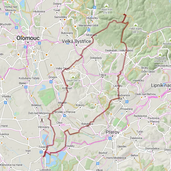 Miniaturní mapa "Gravel Bike Tour around Tovačov" inspirace pro cyklisty v oblasti Střední Morava, Czech Republic. Vytvořeno pomocí plánovače tras Tarmacs.app