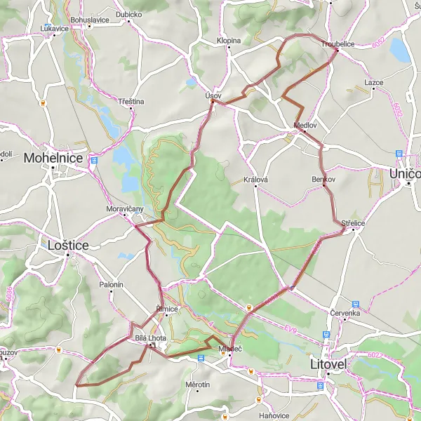 Mapa miniatúra "Gravelová trasa cez Bílú Lhotu a Úsov" cyklistická inšpirácia v Střední Morava, Czech Republic. Vygenerované cyklistickým plánovačom trás Tarmacs.app
