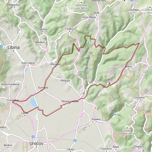 Miniaturní mapa "Zelenými lesy a kopci" inspirace pro cyklisty v oblasti Střední Morava, Czech Republic. Vytvořeno pomocí plánovače tras Tarmacs.app