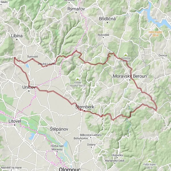 Miniaturní mapa "Gravelovou krajinou" inspirace pro cyklisty v oblasti Střední Morava, Czech Republic. Vytvořeno pomocí plánovače tras Tarmacs.app