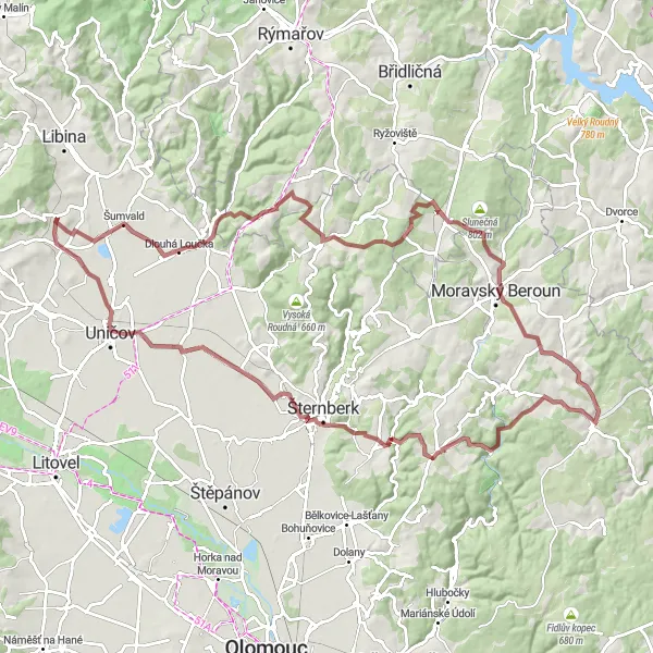 Karten-Miniaturansicht der Radinspiration "Abenteuerliche Gravel-Tour rund um Troubelice" in Střední Morava, Czech Republic. Erstellt vom Tarmacs.app-Routenplaner für Radtouren