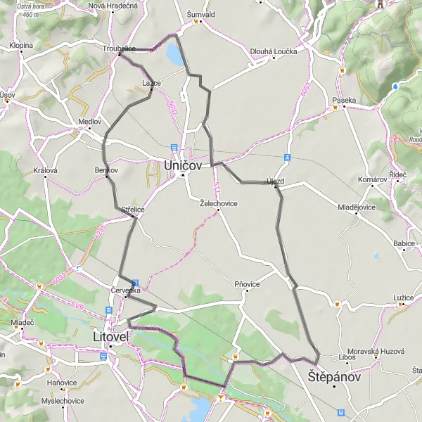 Miniaturní mapa "Okolím Troubelic" inspirace pro cyklisty v oblasti Střední Morava, Czech Republic. Vytvořeno pomocí plánovače tras Tarmacs.app