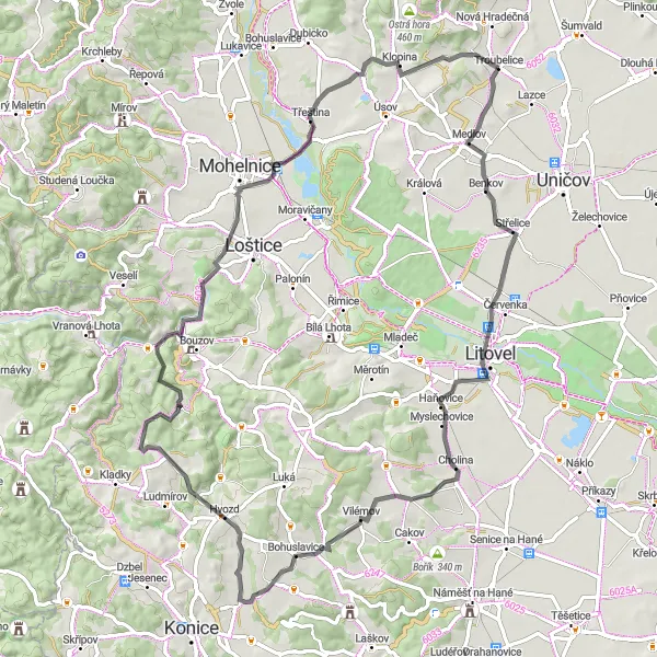 Miniaturní mapa "Okruh kolem Troubelic" inspirace pro cyklisty v oblasti Střední Morava, Czech Republic. Vytvořeno pomocí plánovače tras Tarmacs.app