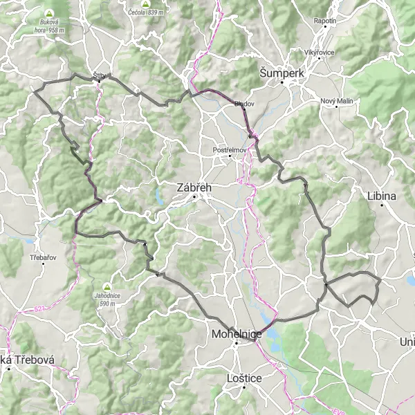 Mapa miniatúra "Okružná cyklotrasa cez Křemačov a Dědinku" cyklistická inšpirácia v Střední Morava, Czech Republic. Vygenerované cyklistickým plánovačom trás Tarmacs.app