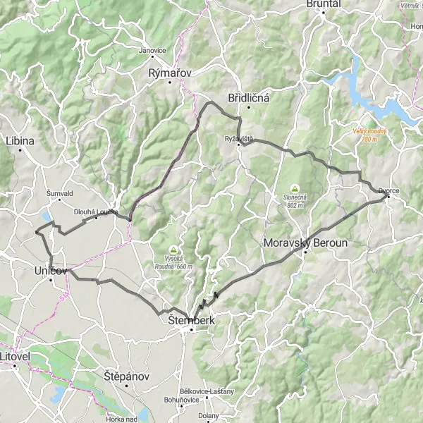 Miniaturní mapa "Přes kopce a údolí" inspirace pro cyklisty v oblasti Střední Morava, Czech Republic. Vytvořeno pomocí plánovače tras Tarmacs.app