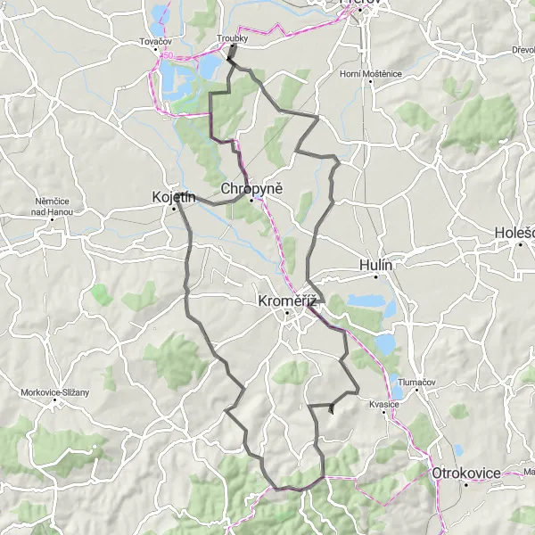 Mapa miniatúra "Cyklostezka okolo Troubek" cyklistická inšpirácia v Střední Morava, Czech Republic. Vygenerované cyklistickým plánovačom trás Tarmacs.app