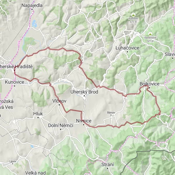 Karten-Miniaturansicht der Radinspiration "Umfassende Fahrradtour um Uherské Hradiště" in Střední Morava, Czech Republic. Erstellt vom Tarmacs.app-Routenplaner für Radtouren