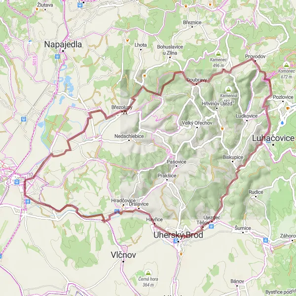 Miniaturní mapa "Okružní cyklistická trasa Uherské Hradiště - Sady" inspirace pro cyklisty v oblasti Střední Morava, Czech Republic. Vytvořeno pomocí plánovače tras Tarmacs.app