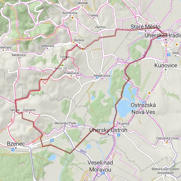 Miniaturní mapa "Okruh kolem Uherského Hradiště" inspirace pro cyklisty v oblasti Střední Morava, Czech Republic. Vytvořeno pomocí plánovače tras Tarmacs.app