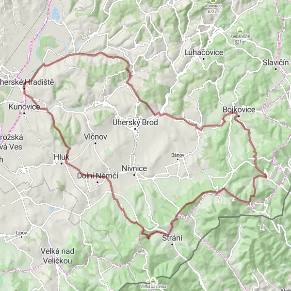 Miniaturní mapa "Gravelový výlet kolem Uherského Hradiště" inspirace pro cyklisty v oblasti Střední Morava, Czech Republic. Vytvořeno pomocí plánovače tras Tarmacs.app