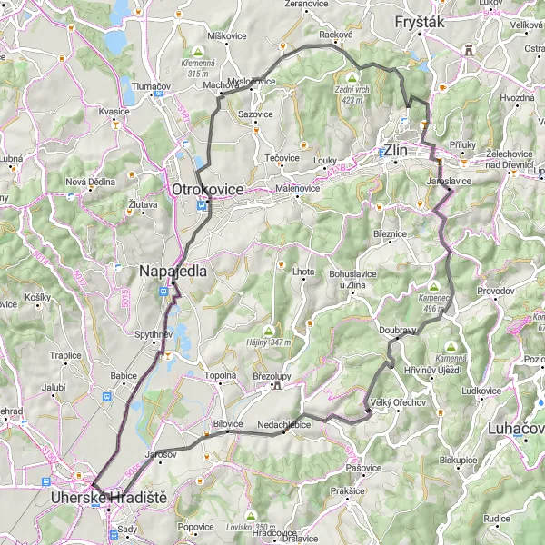 Miniaturní mapa "Cyklotrasa Uherské Hradiště - Mařatice" inspirace pro cyklisty v oblasti Střední Morava, Czech Republic. Vytvořeno pomocí plánovače tras Tarmacs.app