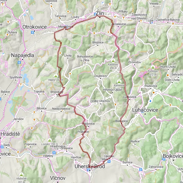 Miniaturní mapa "Gravelová trasa od Uherského Brodu do Těšova" inspirace pro cyklisty v oblasti Střední Morava, Czech Republic. Vytvořeno pomocí plánovače tras Tarmacs.app