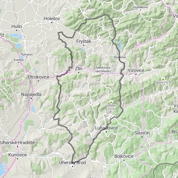 Map miniature of "Prakšice and Šternberk Loop" cycling inspiration in Střední Morava, Czech Republic. Generated by Tarmacs.app cycling route planner