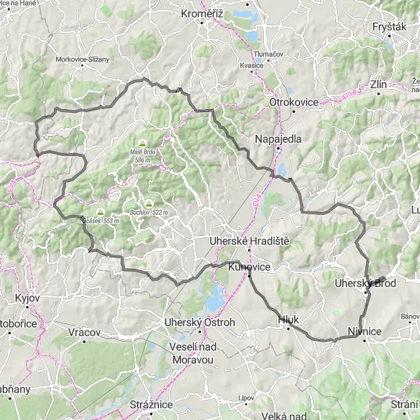Miniaturní mapa "Kolo Hluk - Nedachlebice" inspirace pro cyklisty v oblasti Střední Morava, Czech Republic. Vytvořeno pomocí plánovače tras Tarmacs.app