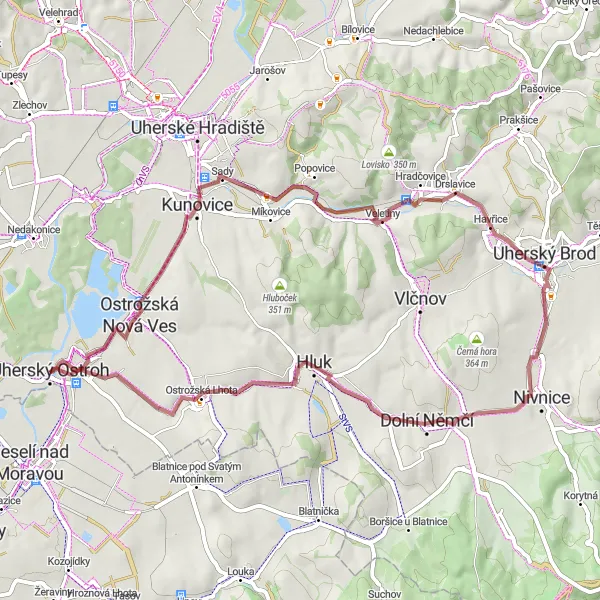 Karten-Miniaturansicht der Radinspiration "Kunovice - Uherský Ostroh Gravel Loop" in Střední Morava, Czech Republic. Erstellt vom Tarmacs.app-Routenplaner für Radtouren