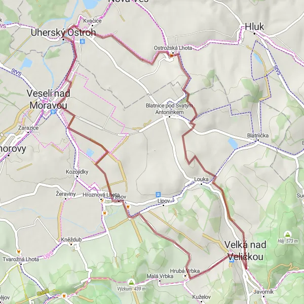 Miniaturní mapa "Antonínský kopec a Velká nad Veličkou" inspirace pro cyklisty v oblasti Střední Morava, Czech Republic. Vytvořeno pomocí plánovače tras Tarmacs.app