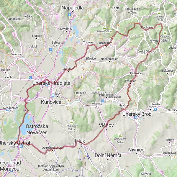 Miniaturní mapa "Okruh kolem Uherské Hradiště" inspirace pro cyklisty v oblasti Střední Morava, Czech Republic. Vytvořeno pomocí plánovače tras Tarmacs.app