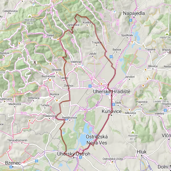 Miniaturní mapa "Okruh kolem Uherského Ostrohu a okolí" inspirace pro cyklisty v oblasti Střední Morava, Czech Republic. Vytvořeno pomocí plánovače tras Tarmacs.app