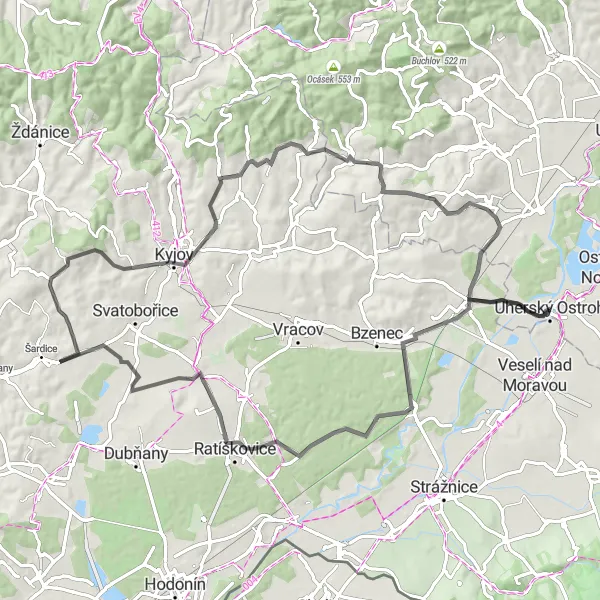 Miniaturní mapa "Road okruh s výhledy na Střední Moravu" inspirace pro cyklisty v oblasti Střední Morava, Czech Republic. Vytvořeno pomocí plánovače tras Tarmacs.app