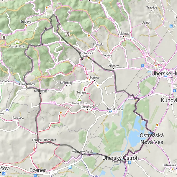 Miniaturní mapa "Cyklostezka kolem Buchlovic" inspirace pro cyklisty v oblasti Střední Morava, Czech Republic. Vytvořeno pomocí plánovače tras Tarmacs.app