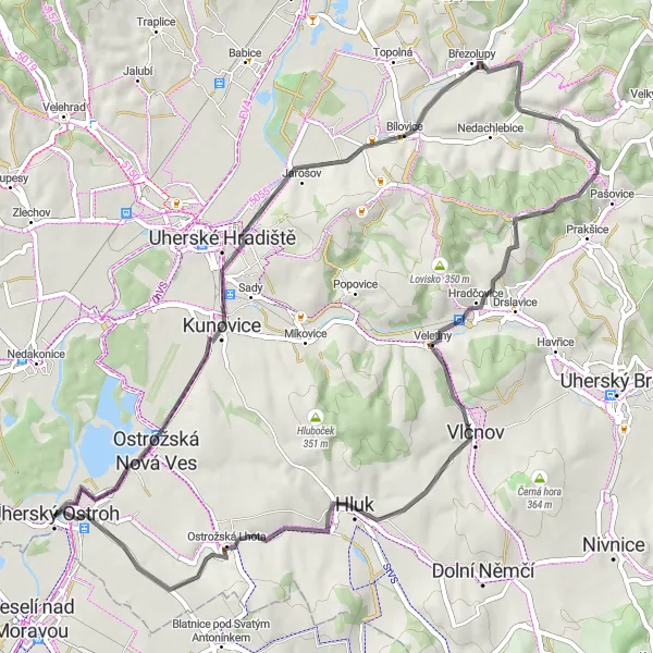 Miniaturní mapa "Road okruh kolem Uherského Ostrohu" inspirace pro cyklisty v oblasti Střední Morava, Czech Republic. Vytvořeno pomocí plánovače tras Tarmacs.app