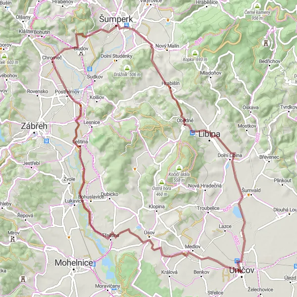 Miniaturní mapa "Gravelová výzva kolem Šibeníku a Dolní Libiny" inspirace pro cyklisty v oblasti Střední Morava, Czech Republic. Vytvořeno pomocí plánovače tras Tarmacs.app