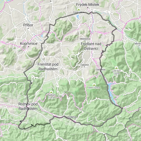 Miniaturní mapa "Road Skalkami Beskyd" inspirace pro cyklisty v oblasti Střední Morava, Czech Republic. Vytvořeno pomocí plánovače tras Tarmacs.app