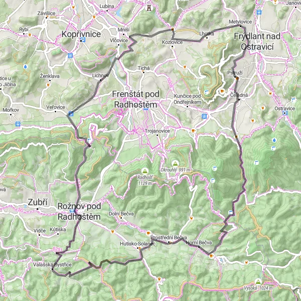 Miniaturní mapa "Cyklistický okruh skrz Rožnov pod Radhoštěm" inspirace pro cyklisty v oblasti Střední Morava, Czech Republic. Vytvořeno pomocí plánovače tras Tarmacs.app