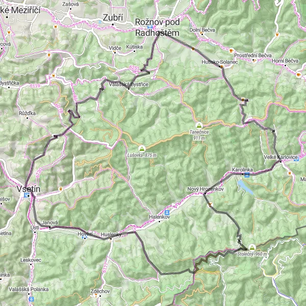Map miniature of "Mountainous Adventure" cycling inspiration in Střední Morava, Czech Republic. Generated by Tarmacs.app cycling route planner