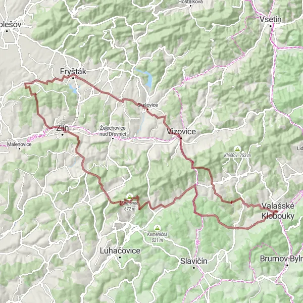 Miniaturní mapa "Gravelová trasa k Vlachově Lhotě" inspirace pro cyklisty v oblasti Střední Morava, Czech Republic. Vytvořeno pomocí plánovače tras Tarmacs.app