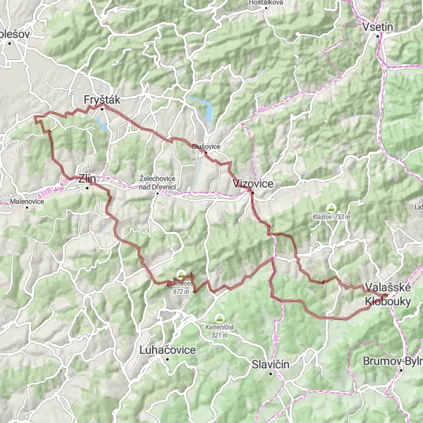 Mapa miniatúra "Valašské Klobouky - Vlachova Lhota" cyklistická inšpirácia v Střední Morava, Czech Republic. Vygenerované cyklistickým plánovačom trás Tarmacs.app