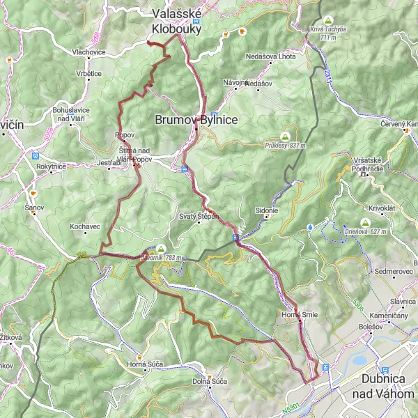 Map miniature of "Round Trip to Bylnice and Lipina" cycling inspiration in Střední Morava, Czech Republic. Generated by Tarmacs.app cycling route planner