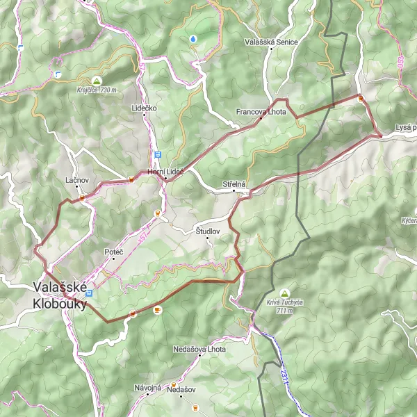 Map miniature of "Gravel Adventure: Valašské Klobouky Loop" cycling inspiration in Střední Morava, Czech Republic. Generated by Tarmacs.app cycling route planner