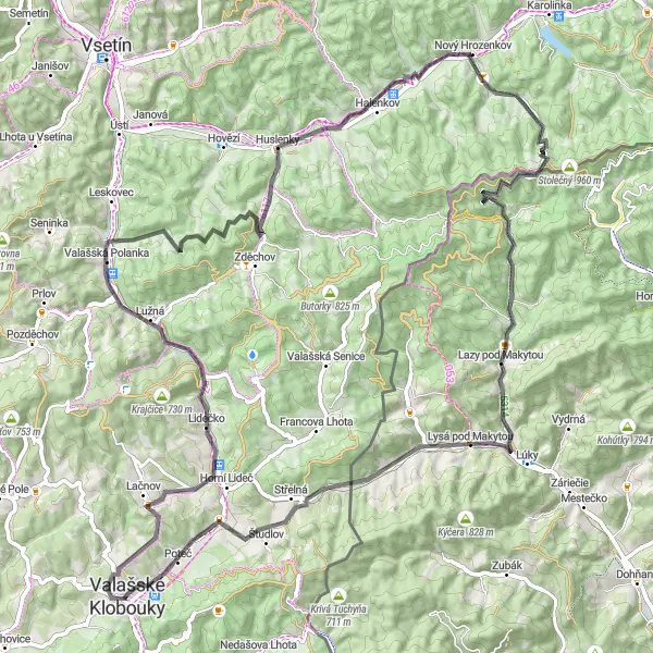 Map miniature of "The Road of Valašské Klobouky" cycling inspiration in Střední Morava, Czech Republic. Generated by Tarmacs.app cycling route planner