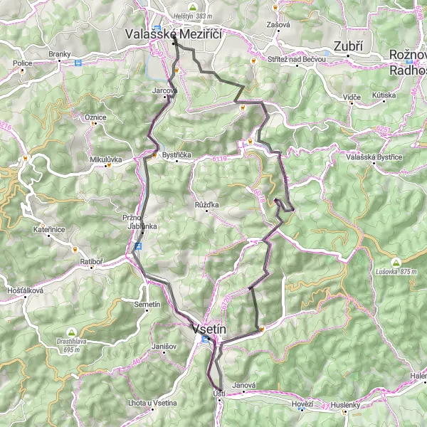 Miniaturní mapa "Krátká cesta okolo Valašského Meziříčí" inspirace pro cyklisty v oblasti Střední Morava, Czech Republic. Vytvořeno pomocí plánovače tras Tarmacs.app